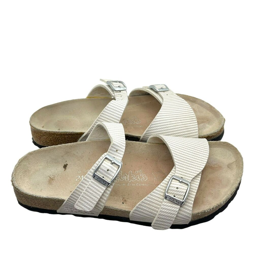 Birkenstock Womens Birkis Cream Gray Double Strap Flat Slide Sandals W 7 Narrow